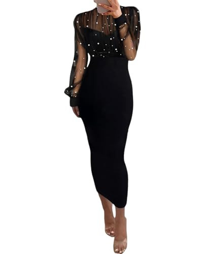 ChicMe Sexy Black Dress for Women Mock Neck Bodycon Midi Dress Long Sleeve Sheer Dresses Beaded Night Club Party Dresses Black-M | Amazon (US)
