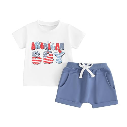 BeQeuewll Toddler Boy Summer Clothes American Boy Shirt Elastic Shorts Outfit 2Pcs Patriotic Baby Boys Clothing Set 6M-4T (American Boy-White, 3-4 Years) | Amazon (US)