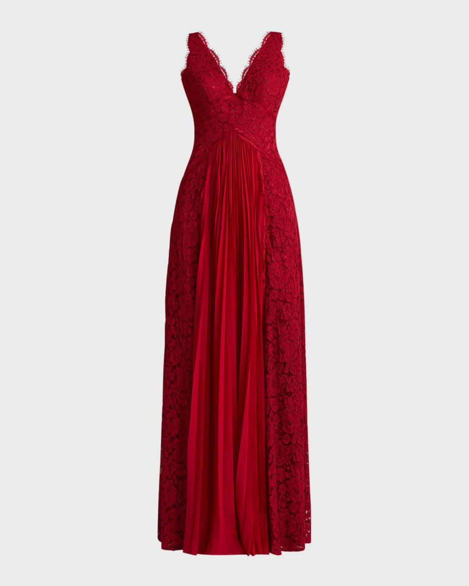 Floral Lace and Pleated Chiffon Gown | Neiman Marcus