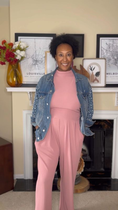 Jumpsuit | leather jacket | jean jacket | tweed jacket | maternity outfit | lightweight earrings | affordable outfit 

#LTKbump #LTKover40 #LTKfindsunder50