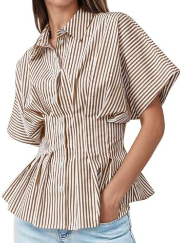 Tankaneo Womens Striped Peplum Button Down Shirts Short Sleeve Pleated Tops Summer Business Casua... | Amazon (US)