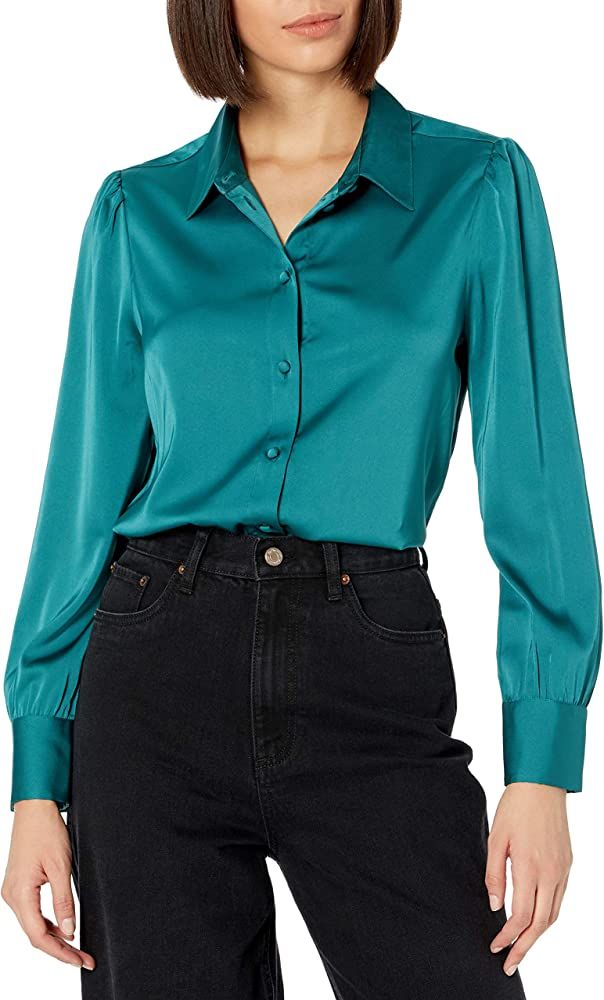 Amazon.com: The Drop Women's @lucyswhims Long Sleeve Button Down Stretch Satin Shirt, Pacific Tea... | Amazon (US)