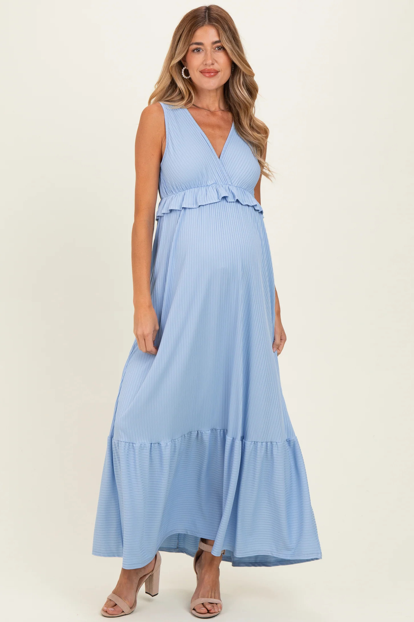 Light Blue Ribbed Sleeveless V-Neck Ruffle Tiered Maternity Maxi Dress | PinkBlush Maternity