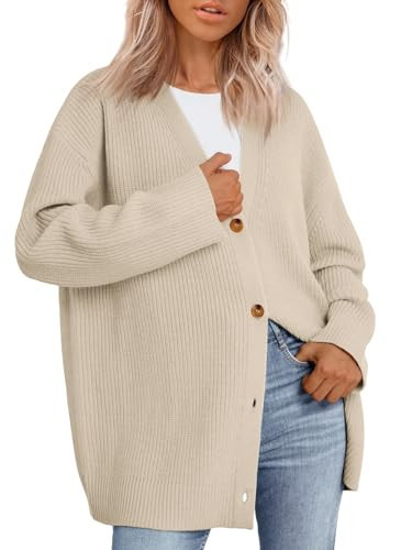 LILLUSORY Women Oversized Cardigan Sweater 2025 Fall Outfits Cloth Fashion V Neck Knit Button Front Casual Trendy Tops Apricot Medium | Amazon (US)
