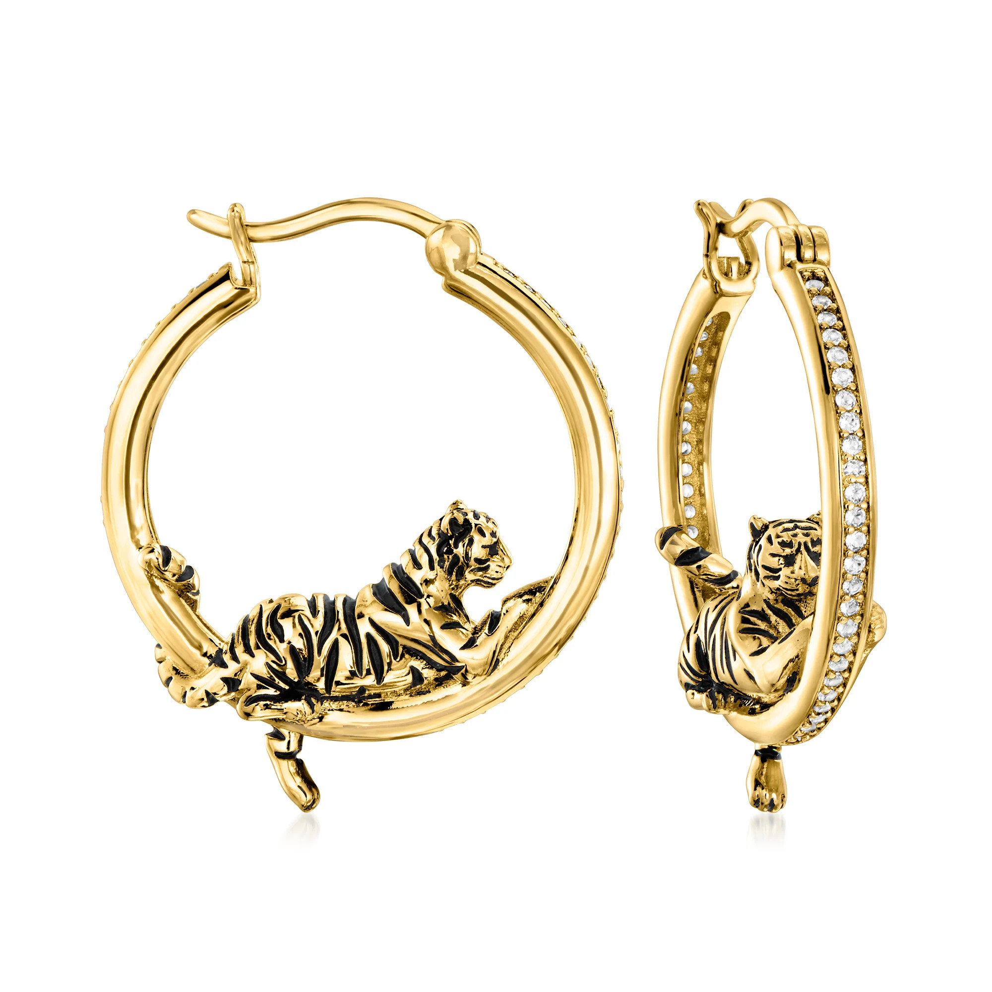 .60 ct. t.w. White Topaz and Black Enamel Tiger Hoop Earrings in 18kt Gold Over Sterling. 1" | Ross-Simons