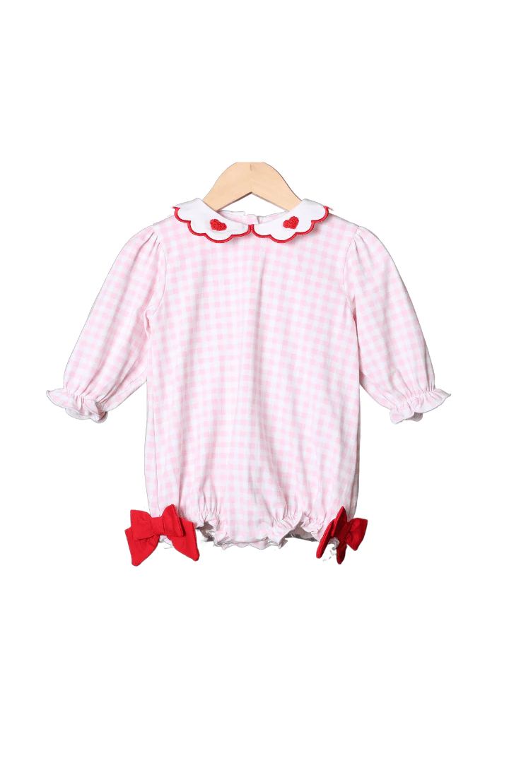 French Knot Red Heart Pink Gingham Knit Bubble | The Smocked Flamingo