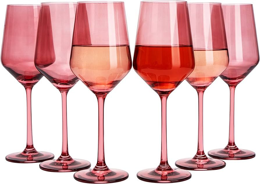 Red Rose Colored Wine Glass Set, Large 12 oz Glasses Set of 6, Unique Italian Style Tall Stemmed ... | Amazon (US)
