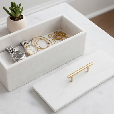 Decorative Rectangular Marble Boxes with Metal Handle for House Decor - Elegant Jewelry, Keepsake, and Storage Box - 8", White & Gold | Target