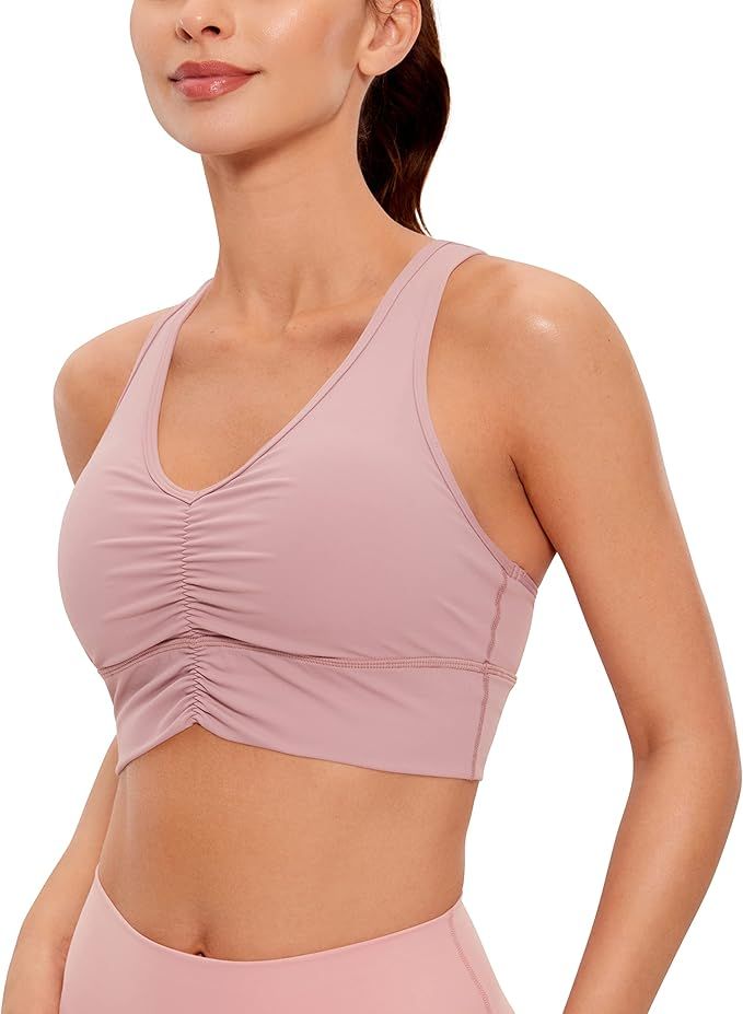 CRZ YOGA Womens Ulti-Dry Ruched V-Neck Longline Sports Bra - Racerback Padded Low Cut Yoga Bra Cr... | Amazon (US)