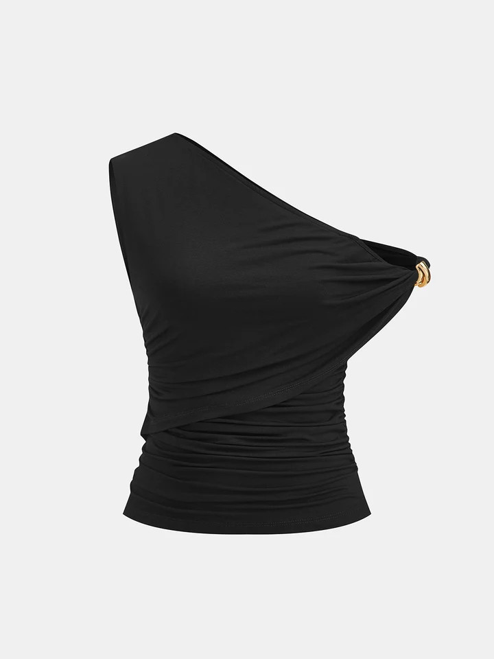 One Shoulder Ruched Metal Ring Tank Top | Commense