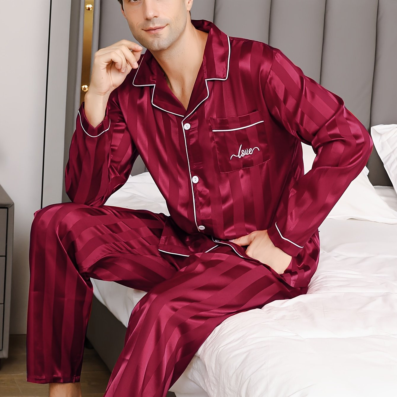 Men's Love Stripe Pattern Long Sleeve Ice Silk Pajamas Set - Temu | Temu Affiliate Program