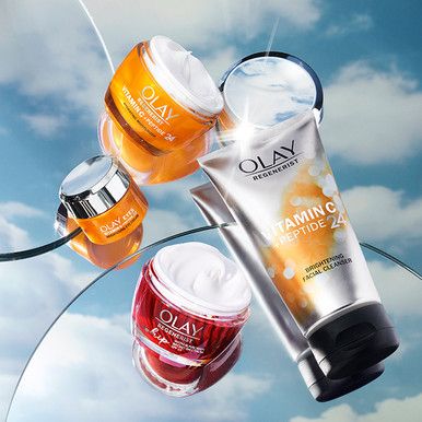 Away We Glow | Vitamin C + SPF Gift Set | with Free Holographic Beauty Bag and Sleep Mask | Olay
