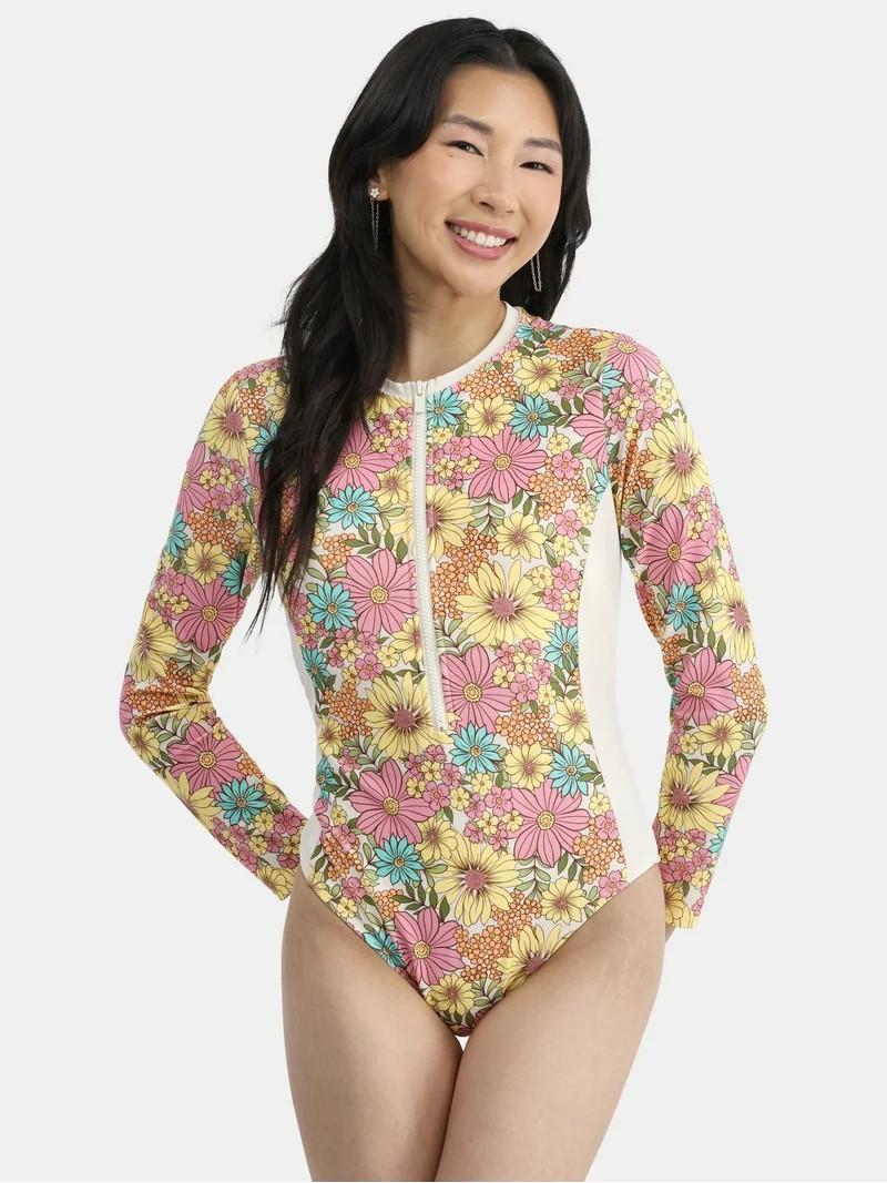 No Boundaries Women's Surf One Piece Swimsuit with Long Sleeves, Sizes XXS-XL | Walmart (US)