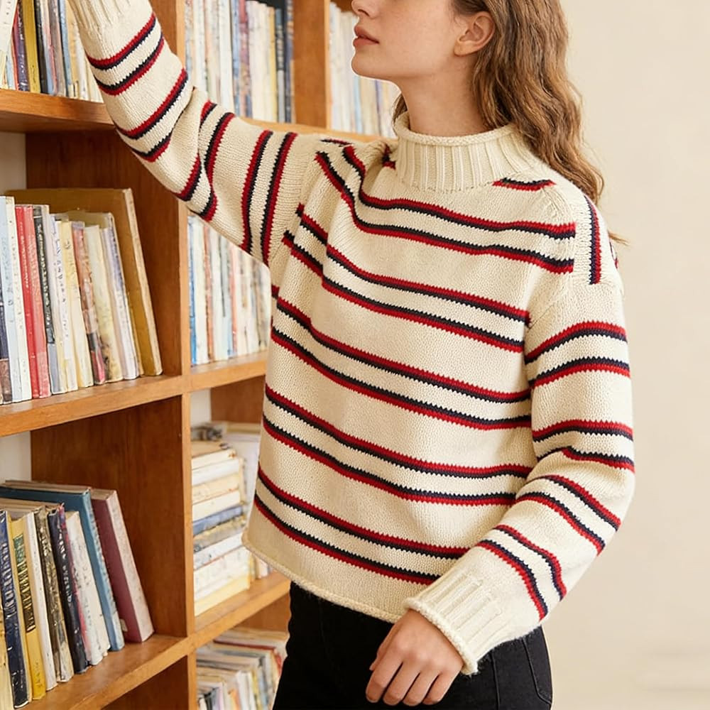 Oversized Sweaters for Women Roll High Neck Hem Long Sleeve Soft Chunky Cable Knit Striped Pullov... | Amazon (US)