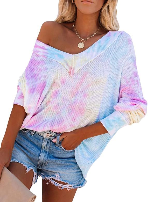 Women's Tie Dye Off Shoulder V Neck Waffle Knit Sweater Long Sleeve Loose Oversized Pullover Tops | Amazon (US)