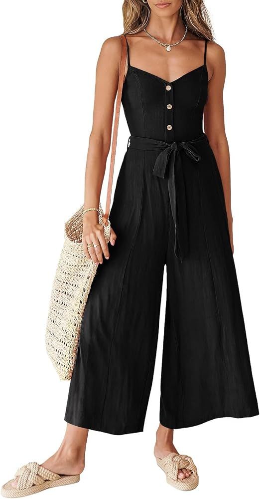 ANRABESS Jumpsuits for Women 2024 Summer Casual Linen Wide Leg V Neck Beach Rompers Dressy Spaghe... | Amazon (US)