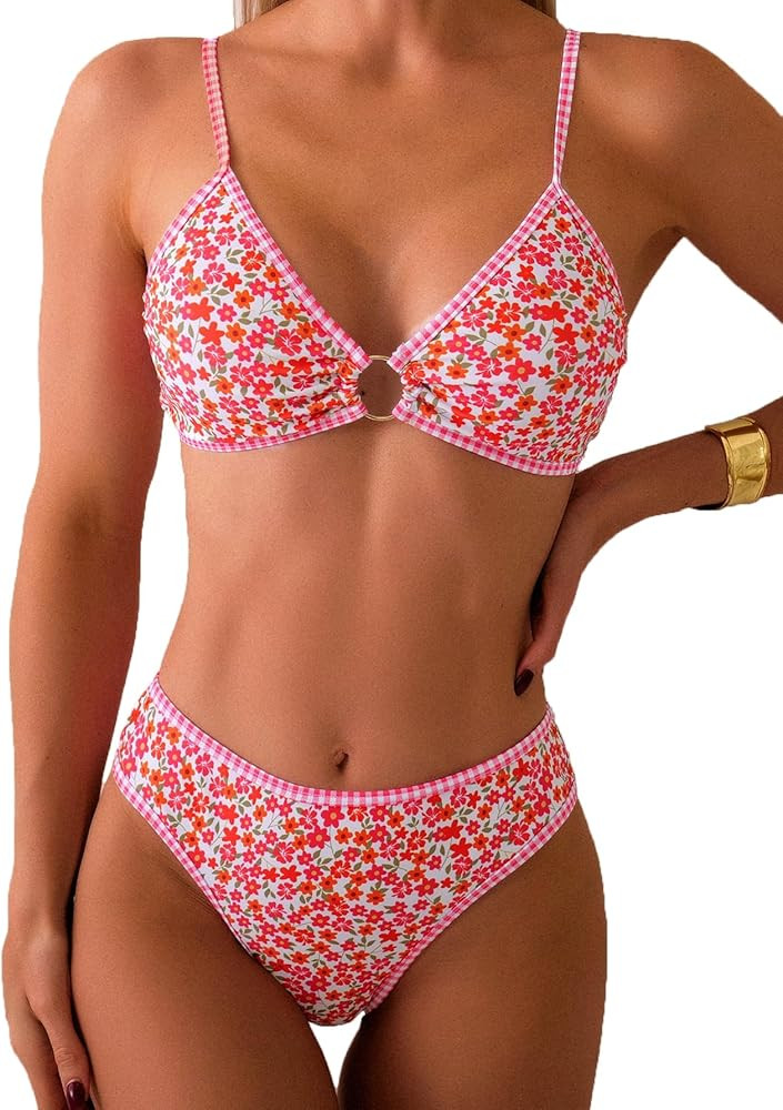 Fanuerg - Conjunto de bikini de triángulo para mujer, trajes de baño de dos piezas con aro y es... | Amazon (US)