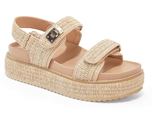 Coutgo Womens Raffia Platform Sandals Comfortable Flat Sandals Double Strap Footbed Summer Beach Sandals, Natural, Size 11 | Amazon (US)