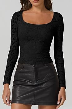 QINSEN Chic Floral Lace Crop Tops for Women Slimming Fit Long Sleeve Square Neck Going Out Basic ... | Amazon (US)