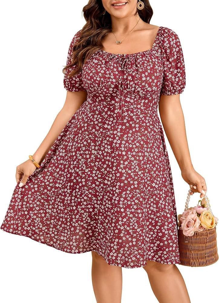 SCOMCHIC Women Plus Size Floral Mini Dress A Line Summer Milkmaid Dresses | Amazon (US)