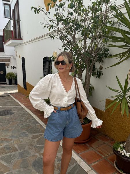 Summer holiday outfit - broderie blouse & denim shorts from Laura Byrnes x Very edit, Polene Paris tan cyme handbag, loewe anagram tan belt & tortoiseshell sunglasses 

#LTKstyletip #LTKSeasonal #LTKeurope