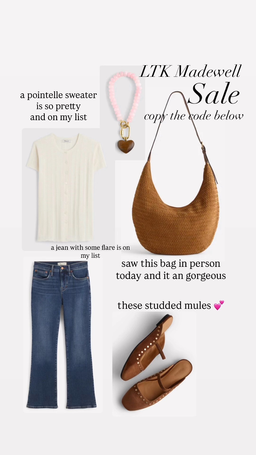 Madewell fall favorites - I really want a pointelle sweater for fall. Saw this bag in person today, so gorgeous! And love this charm, some jeans with a little kick flare and these studded mules 

#LTKSeasonal #LTKxMadewell #LTKSaleAlert