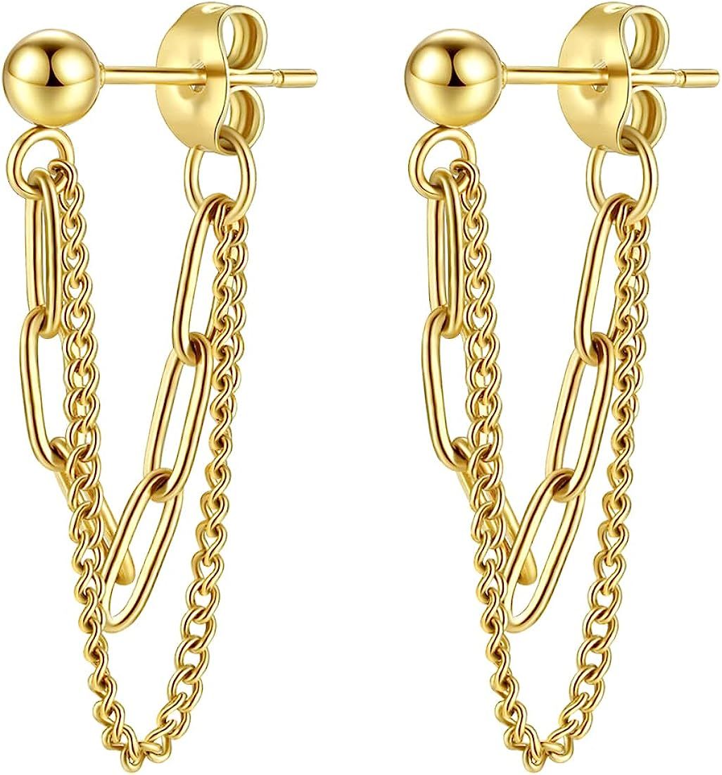 Tsnamer 14K Gold Plated Drop Chain Link Dangle Earrings for Women Threader Earrings | Amazon (US)