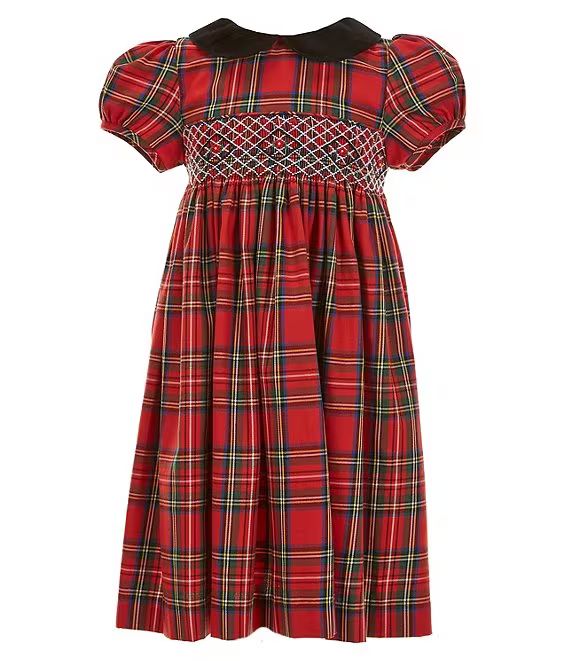 Little Girl 2T-6X Short Sleeve Velvet Collar Smocked Plaid Dress | Dillard's