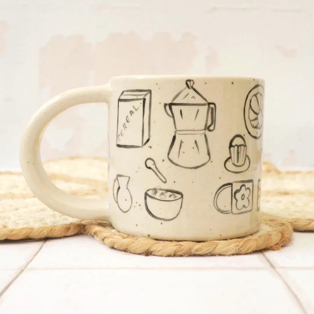 Handmade Stoneware Ceramic Mug With Hand Painted Breakfast Illustration - Etsy | Etsy (US)