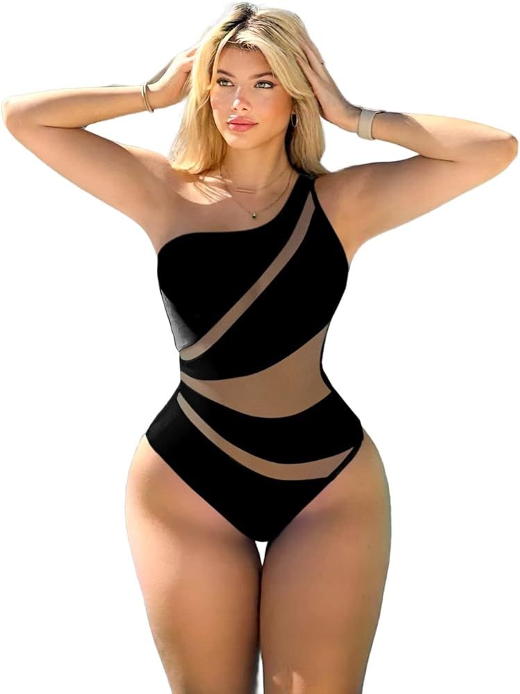 WDIRARA Women's Colorblock Cut Out One Piece Swimsuit Mesh One Shoulder Bathing Suit | Amazon (US)