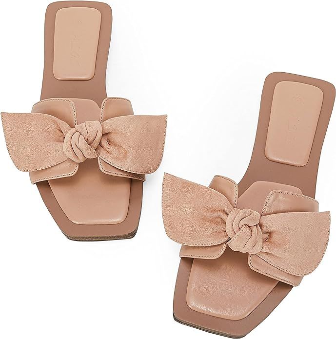 LAICIGO Women’ s Flat Sandals Square Open Toe Bowknot Slides Slip On Summer Fashion Shoes | Amazon (US)