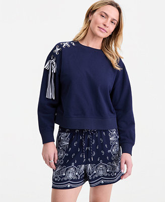Women's Lace-Up Shoulder Sweatshirt, Macy's Exclusive | Macy's
