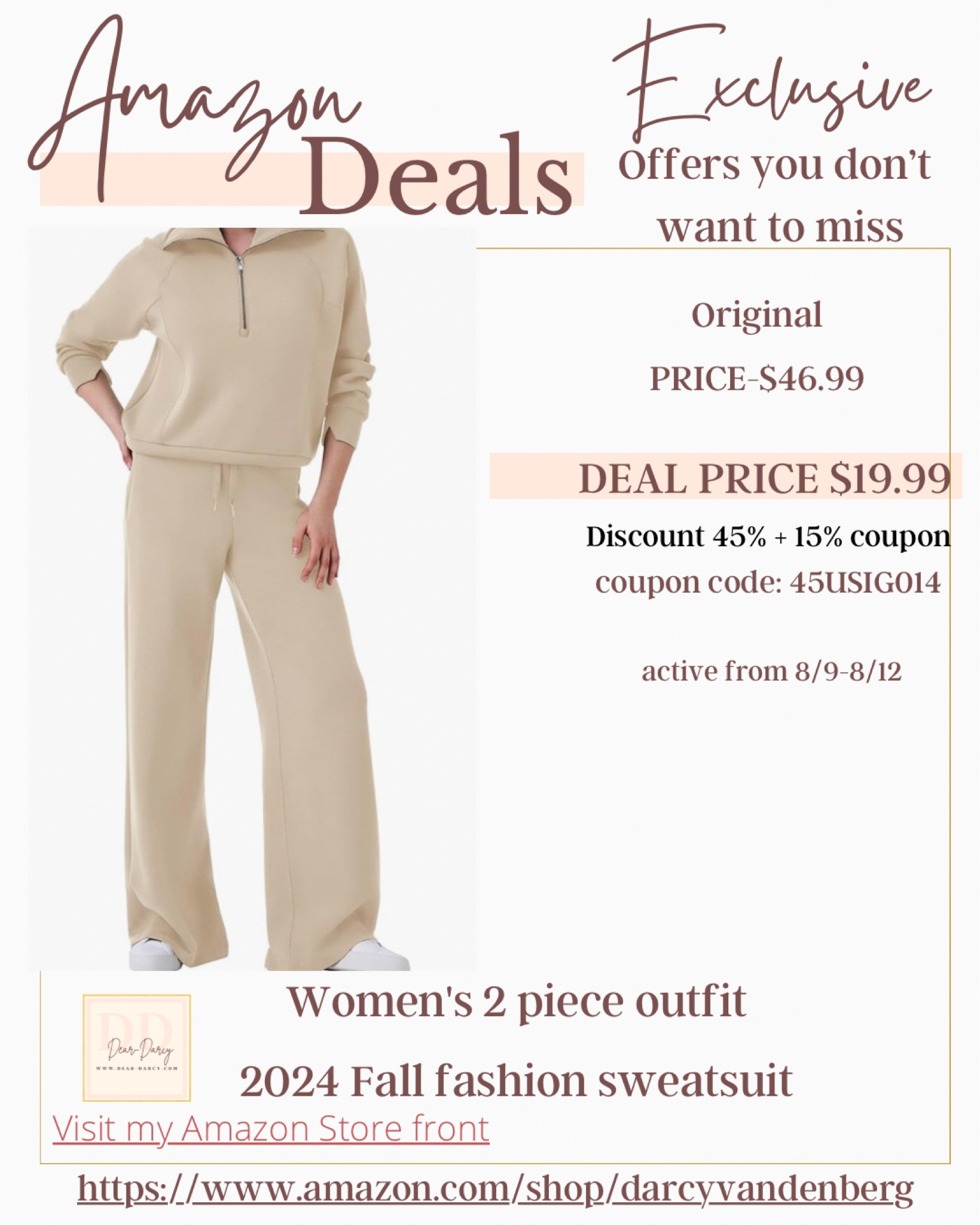 🚨Amazon deal alert

🚨🚨This one you don’t want to miss 
$19.99 for the set!!! Say what ✔️

Women 2 Piece Outfits 2024 Fall Fashion Sweatsuit

Original Price: $49.99
Discount: 45% code+15% coupon

Deal Price: $19.99
Code: 45USIG014

Start Date: 2024-08-09 00:00 AM PDT
End Date: 2024-08-12 11:59 PM PDT

Spanx inspired 

#LTKSaleAlert #LTKBacktoSchool #LTKFindsUnder50