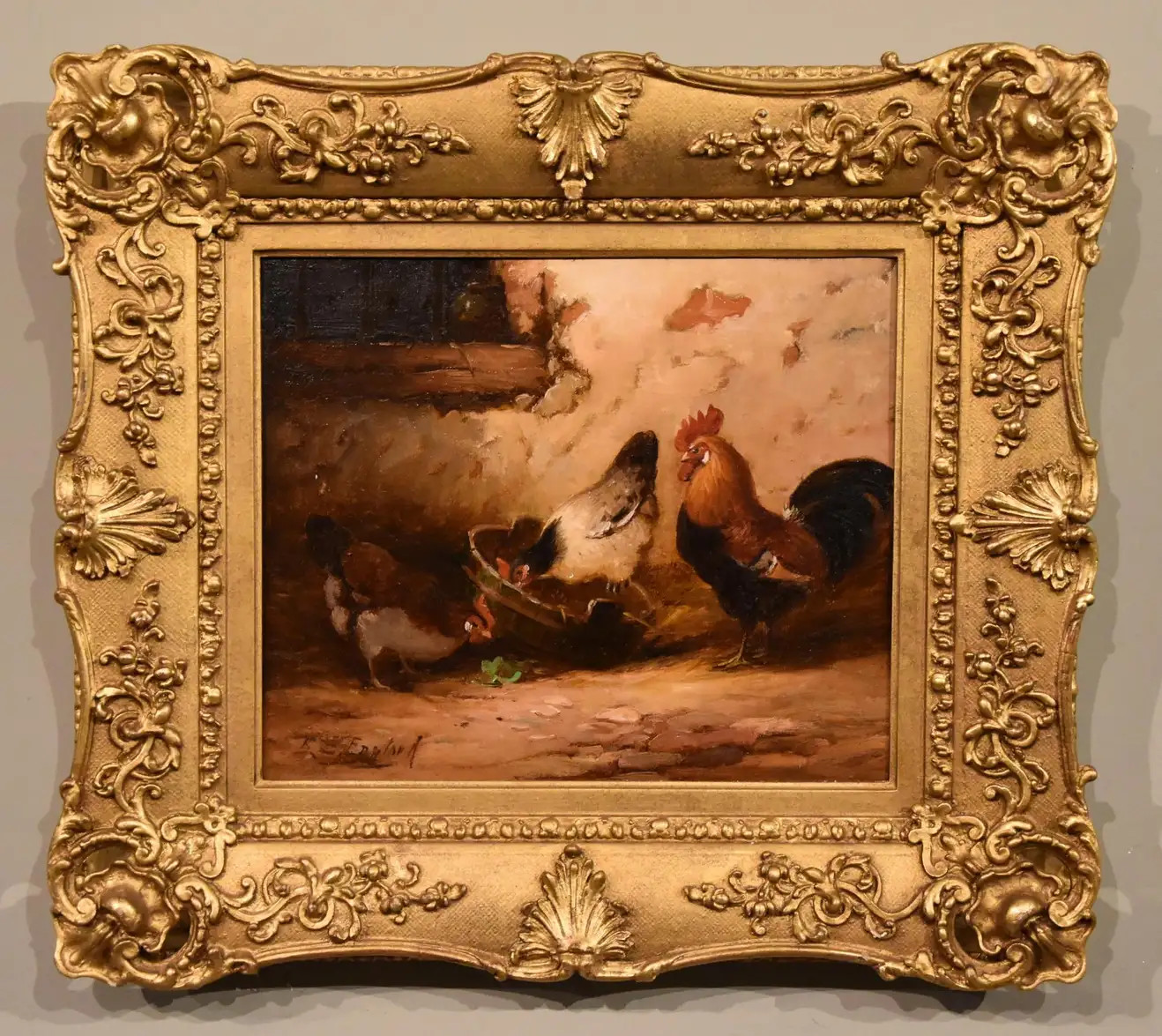 Oil Painting by E. S. England "Cockerel and Hens"1890 | 1stDibs