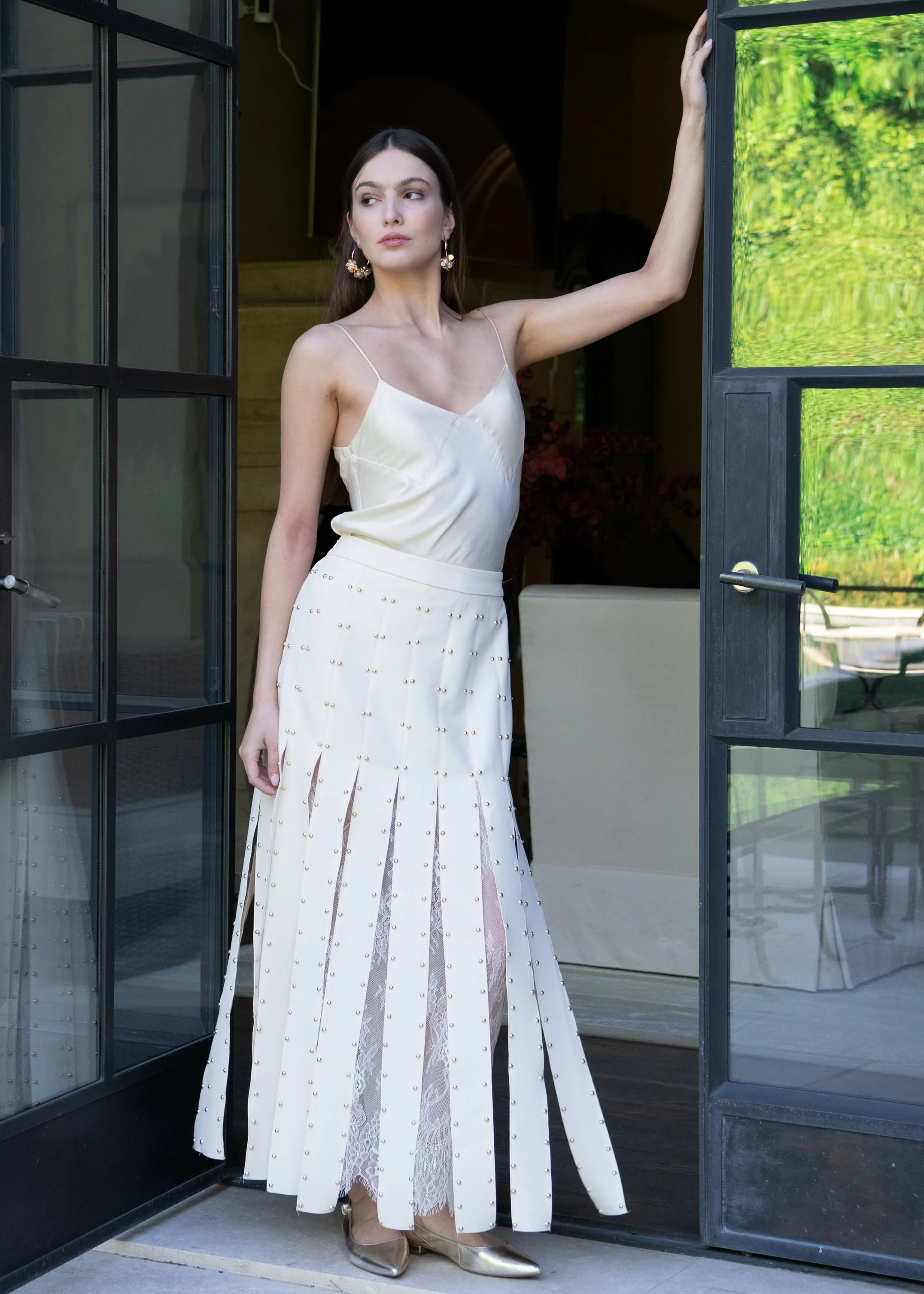 Lainey Bead Embellished Pleated Sheer Lace Skirt - Cream | Benaar La