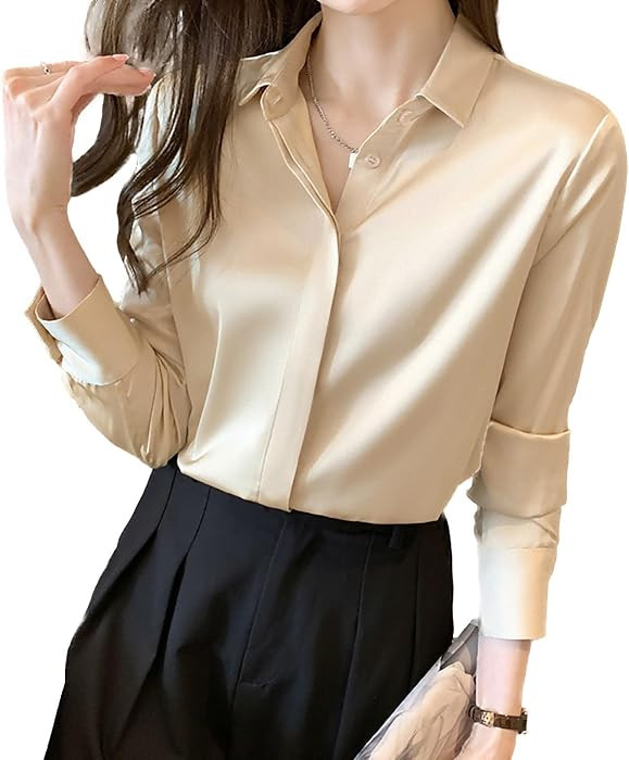 Women's Satin Blouse Fashion Long Sleeve Button-Down Shirts | Amazon (US)