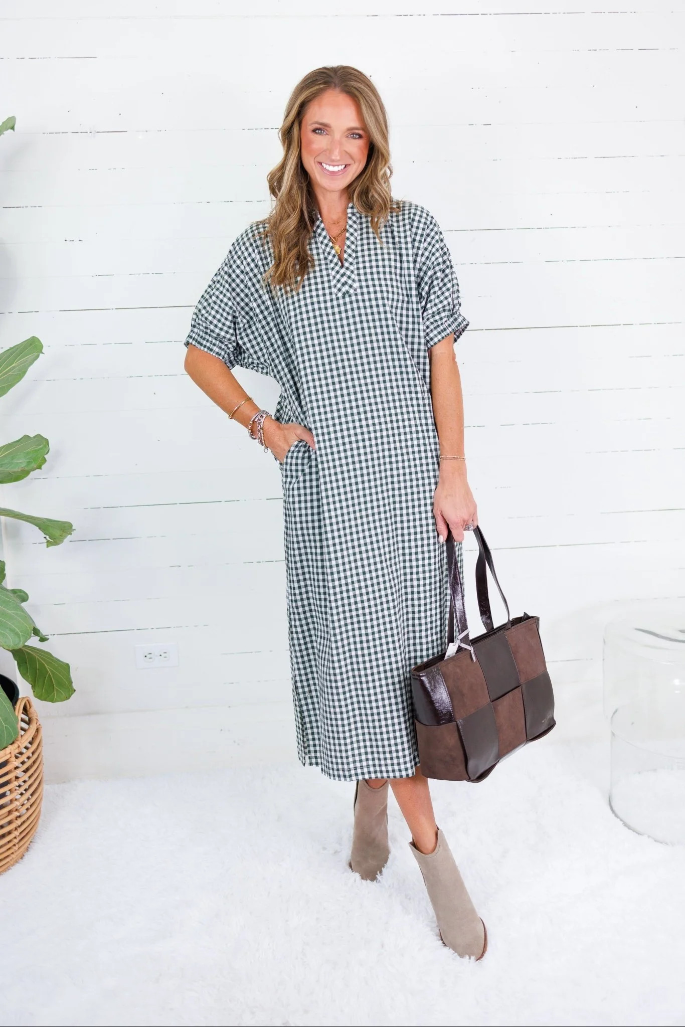 Frontier Pine Gingham Caftan Dress Entro | Clover and Bee | Clover + Bee