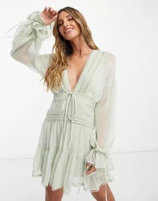 ASOS DESIGN tie front lace insert mini skater dress with scallop trim detail in sage green | ASOS (Global)
