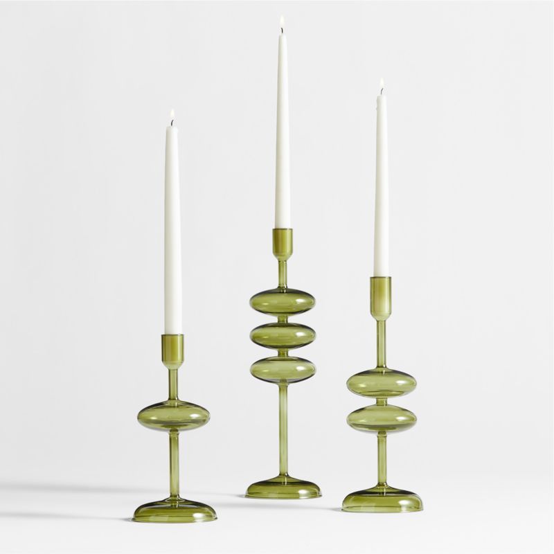 Venezia Olive Green Glass Taper Candle Holders, Set of 3 + Reviews | Crate & Barrel | Crate & Barrel