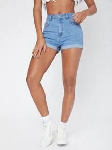 Zipper Fly Cuffed Hem Denim Shorts SKU: sw2112175926358880(500+ Reviews)High StretchCotton$13.99$... | SHEIN