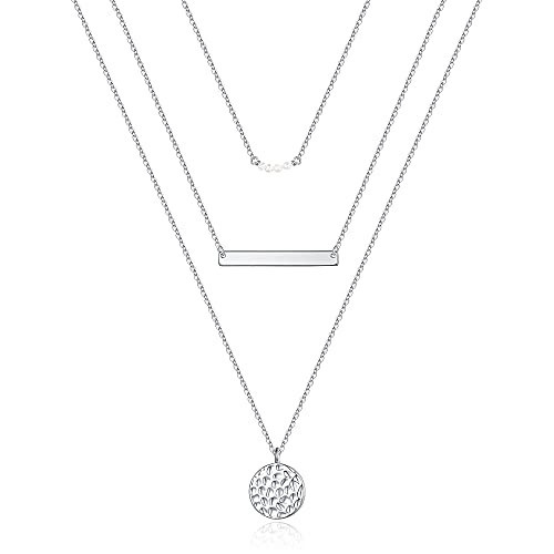Silver Necklace for Women - Dainty Layering Simulated Pearls Bar Necklace Hammered Disc Pendant Silver Layered Necklaces for Women | Amazon (US)