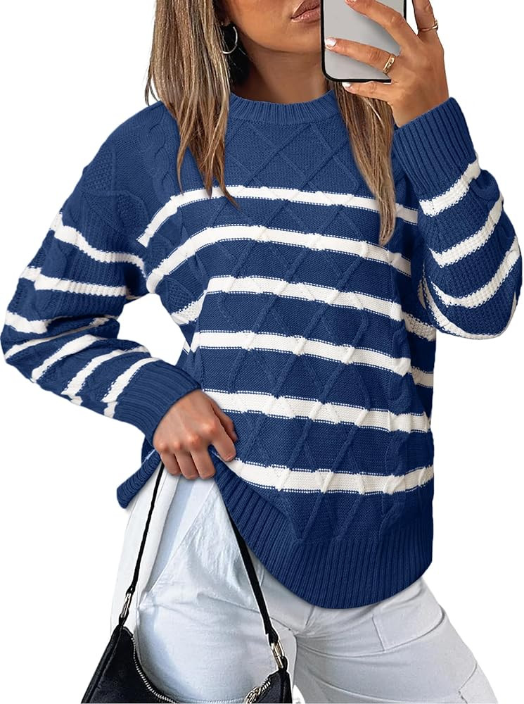 Glamaker Womens Striped Cable Knit Sweater Long Sleeve Crewneck Fall Pullover 2025 Trendy Winter ... | Amazon (US)
