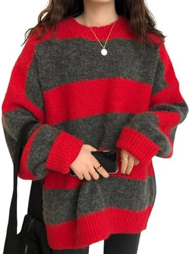 EMMIOL Women's Oversized Striped Sweaters 2025 Fall Trendy Long Sleeve Knit Outfits Crewneck Fash... | Amazon (US)