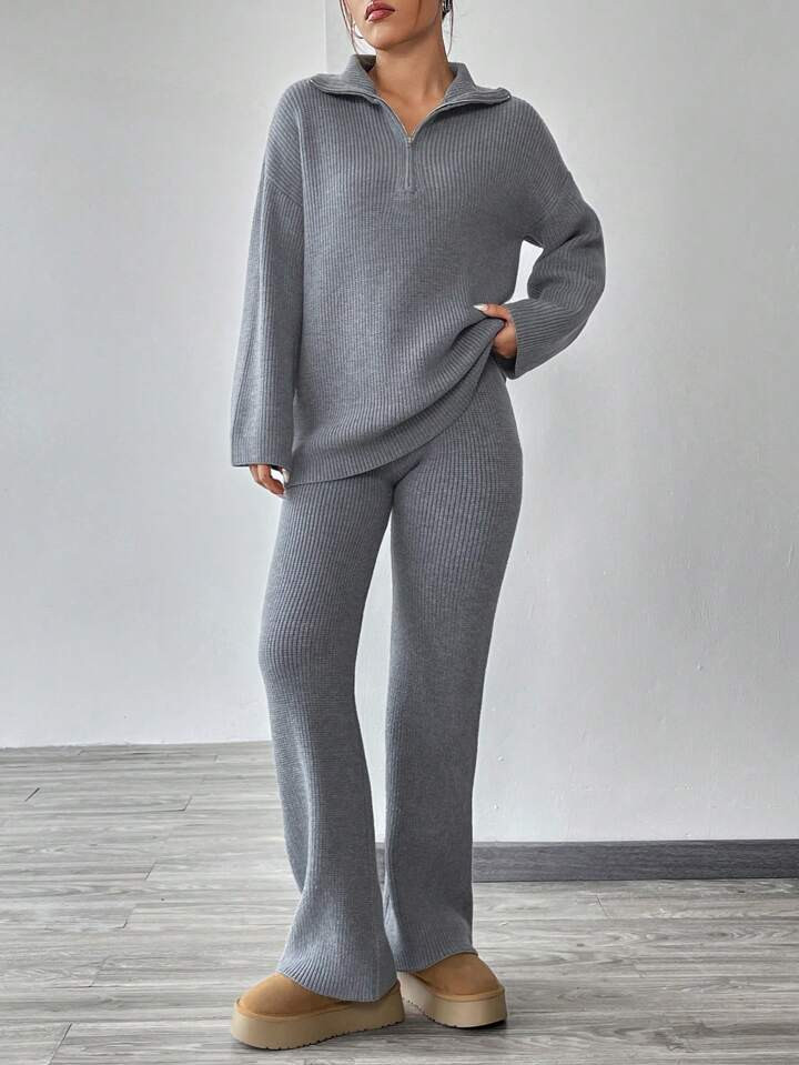 Half Zip Drop Shoulder Sweater & Knit Pants | SHEIN