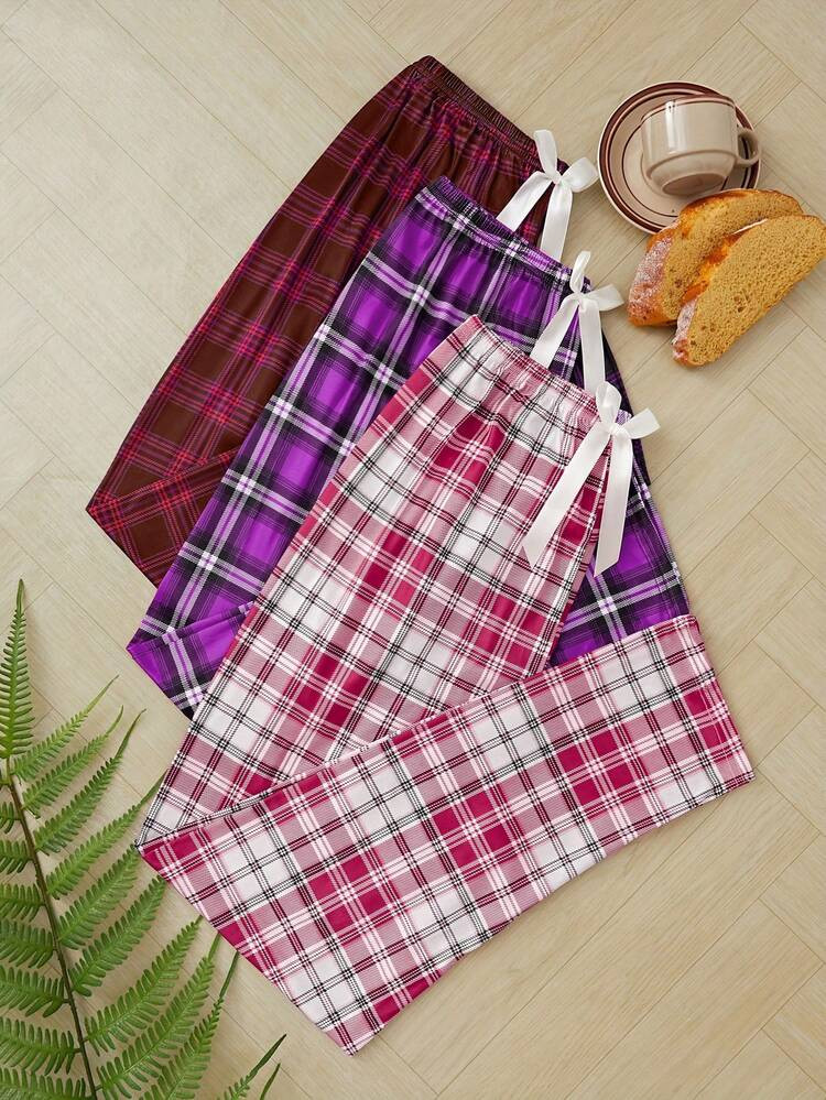 3pcs Women's Casual Fashion Red Plaid Print Bow Decor Pajama Pants | SHEIN