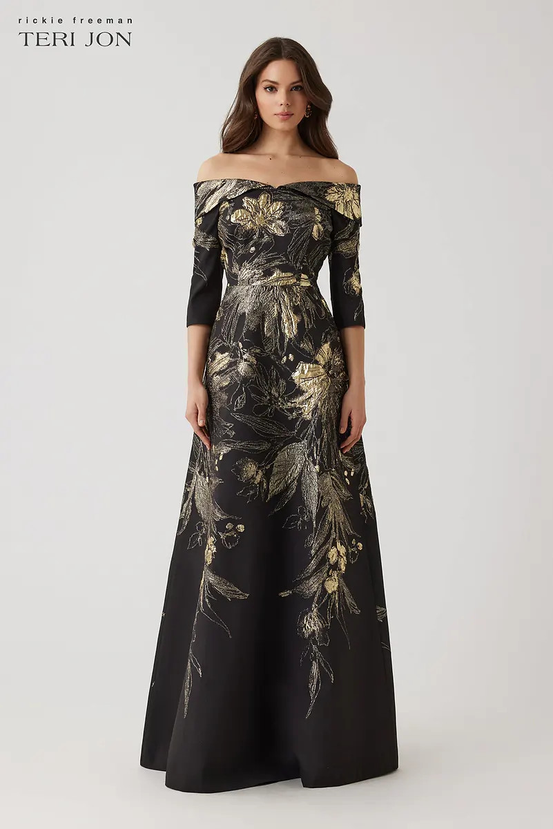 Metallic Jacquard Fold Off The Shoulder Gown | TERI JON
