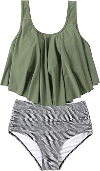 OMKAGI Women's Ruffle Bikini Swimsuit High Waisted Bottom Plus Size Swimwear Tankini | Amazon (US)