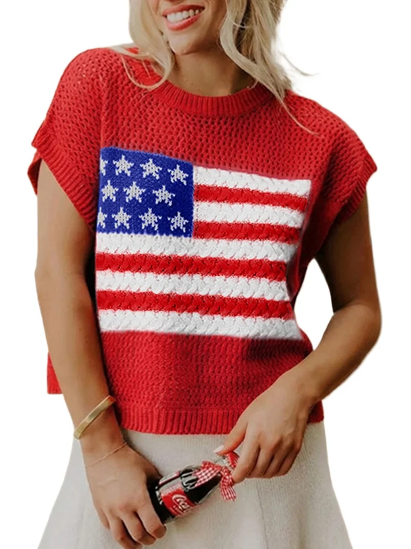 Women's Fiery Red Flag Knit Sweater Top - Short Sleeve Casual Summer Round Neck, S | Walmart (US)