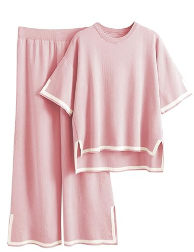 Faleave Womens Knit 2 Piece Sweater Sets Short Sleeve Pullover Tops Elastic Waist Wide Leg Pants Lounge Set(Pink-M) | Amazon (US)