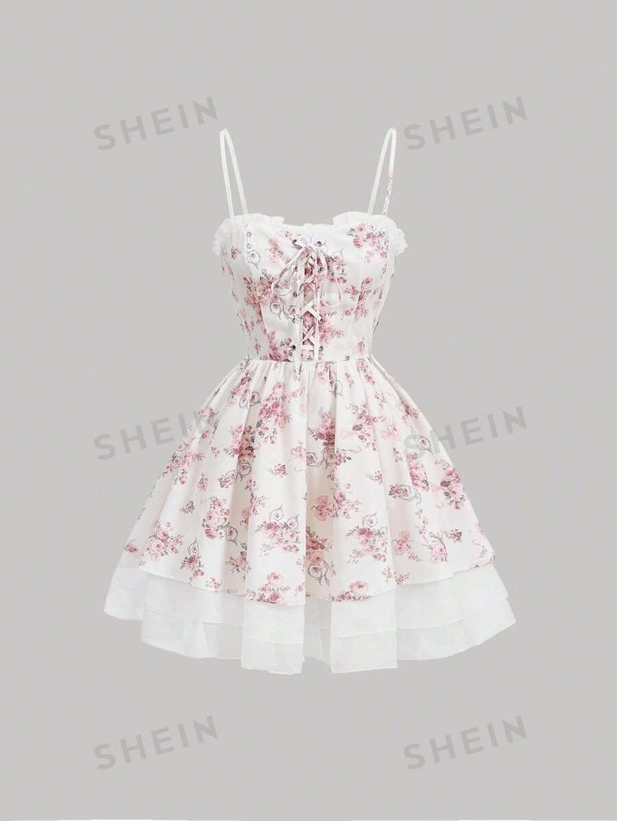 SHEIN MOD Women'S Printed Floral Patchwork Spaghetti Strap Dress | SHEIN